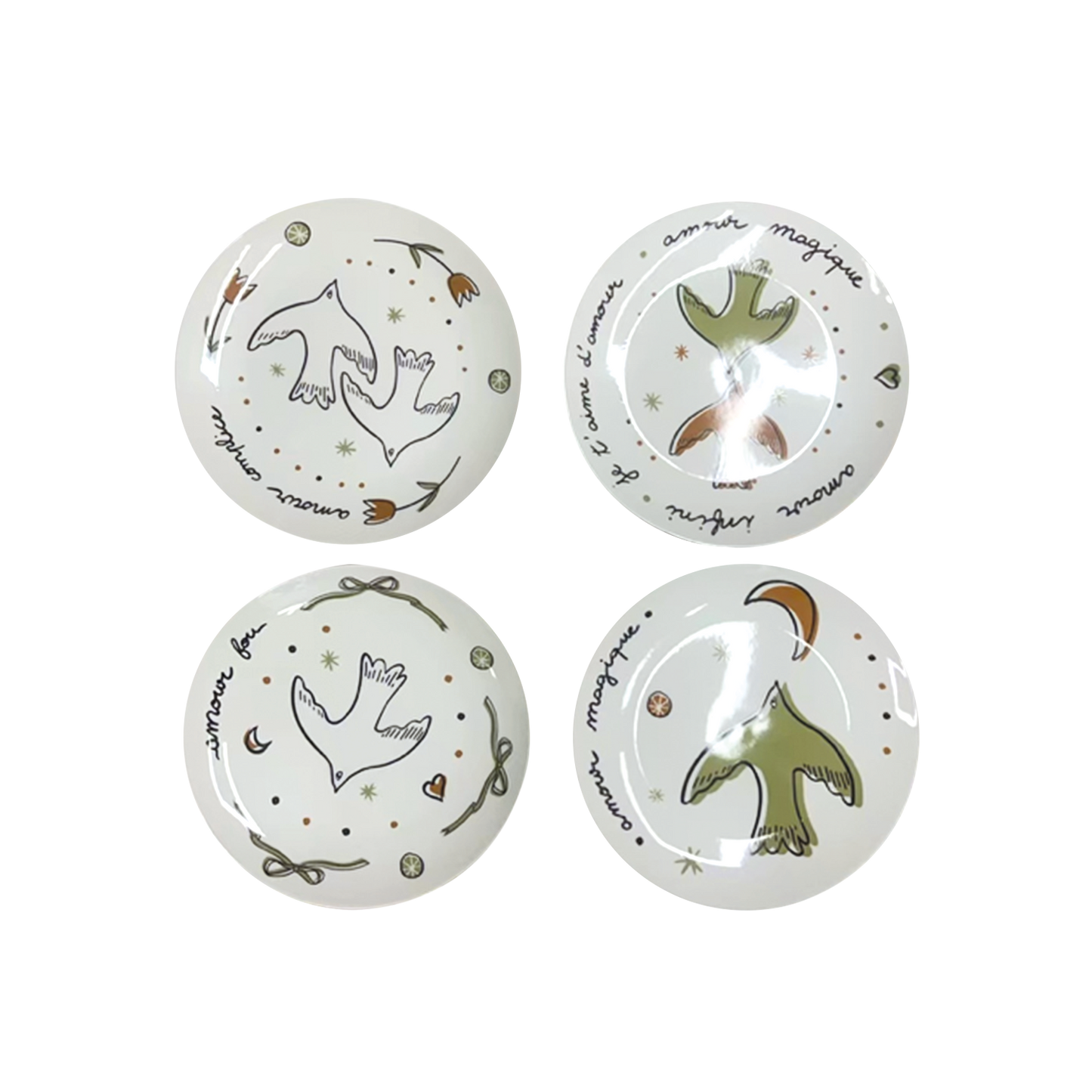 Set de 4 assiettes dessert amour oiseaux doré D19cm